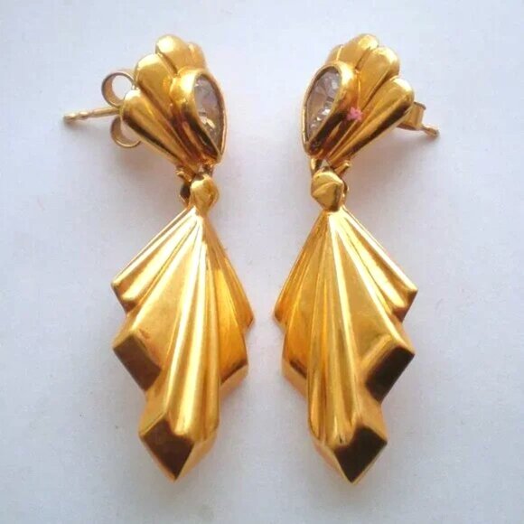 Vintage European Italy 14K Yellow Gold Tear Drop CZ Dangle Pierced Earrings - Picture 2 of 4